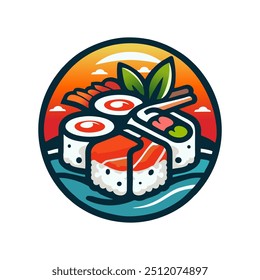 Sushi logo vector illustration template in circle, japanese traditional food, japanese seafood logo asian simbol vintage