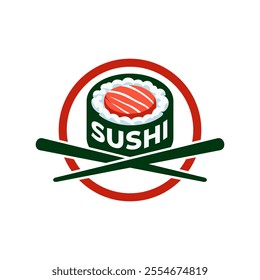 Sushi logo vector illustration template in circle, japanese traditional food, japanese seafood logo asian simbol vintage