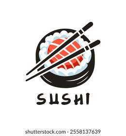 Sushi logo vector illustration template in circle, japanese traditional food, japanese seafood logo asian simbol vintage