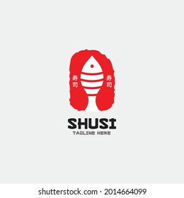 Sushi logo vector inspiration, Japanese Seafood traditional tasty food icon, japanese text translation "sushi". 