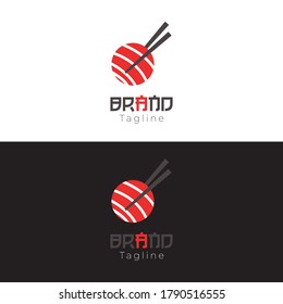 El logotipo de sushi, que contiene elementos de sushi, palillos y un círculo rojo que significa la bandera japonesa, es adecuado para los logotipos de restaurante y de comedor.