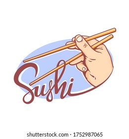 Sushi logotype, emblem, vector illustration of human hand with sushi sticks, hand drawn retro emblem 