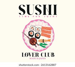 Sushi love club artwork for t shirt print, poster, sticker and other uses. Sushi t shirt artwork. sushi platter design. Food love club art.