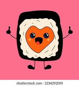 Sushi Love concept Cute happy funny smiling sushi,roll with kawaii eyes. Vector in cartoon style. All elements are isolated