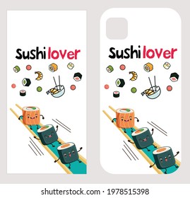 Sushi lover typographic  with vector sushi character. Chinese word means sushi., Mobile Cover design , vector illustration, ready for print on Mobile Cover