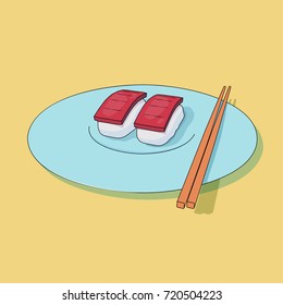 Sushi lying on a plate executed in animation style. Asian food. Vector illustration.