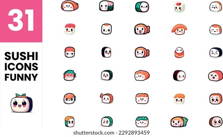 Sushi and maki characters in Emoji. Cartoon japanese cuisine. Sushi and maki funny characters. Vector illustration isolated on white background