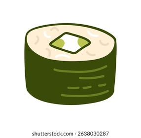 Sushi maki roll with green filling on a simple white background