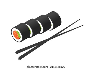Sushi maki roll with salmon and food chopstick vector or japanese philadelphia white delicious meal with fish and avocado isometric illustration, idea of asian menu restaurant cuisine isolated clipart