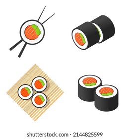 Sushi maki roll set vector with salmon, avocado and food chopsticks on bamboo plate illustration isometric and flat food logo top view isolated on white