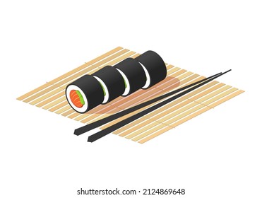 Sushi maki roll vector with salmon, avocado and food chopsticks on bamboo plate illustration, isometric japanese white delicious meal, asian menu restaurant cuisine isolated