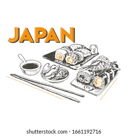 Sushi and Maki Served with Ginger and Soy Sauce Vector Illustration. Sketched Appetizing Asian Food Layout