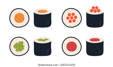 Sushi maki set. Collection of sushi rolls. Top and side view. Hand-drawn colored flat vector illustration isolated on white background.