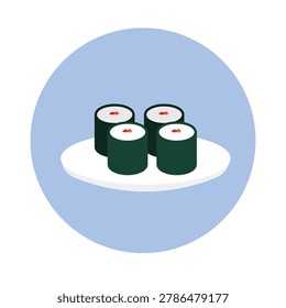 Sushi maki vector illustration on blue background. Four pieces of Japanese roll icon on plate. Minimalist flat graphic design for restaurant menu.