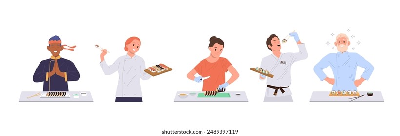 Sushi master diverse cartoon people character wearing uniform preparing delicious oriental food