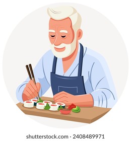 The sushi master prepares a variety of seafood sushi rolls. Before serving, he carefully arranges the ingredients on a wooden board using wooden chopsticks. 