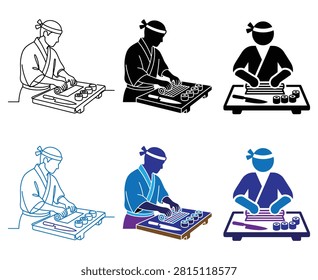 Sushi master preparing seafood rolls on wooden board with knife. Vector character set of japanese cook in uniform working in kitchen. Icons represent asian restaurant food and culinary skills.