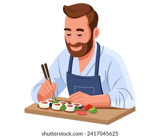 A sushi master tasting finished sushi rolls lying on a wooden cutting board. A man in work clothes taking food during his lunch break. Vector. Cartoon. Flat, simple style. Close-up. White background.