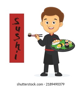 Sushi master young chef decorating delicious
