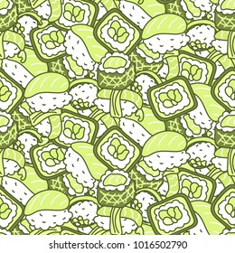 Sushi meal green set vector seamless pattern. Japan food rows background.