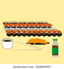 Sushi meal vector. Salmon rice rolls. Yellow background serving. Sauce bottle detail.