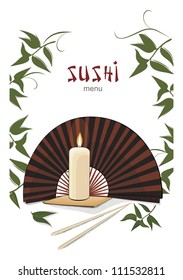 Sushi menu with asian fan and candle