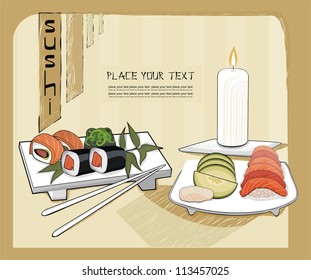 Sushi menu with asian fan and candle