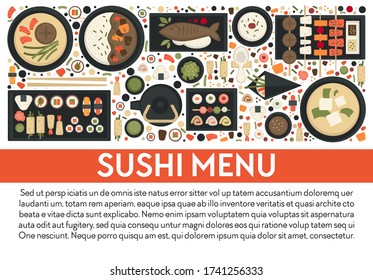Sushi menu banner with text, japanese cuisine traditional dishes set. Sashimi and gyoza dumpling, soups and vegetables. Prepared lunch in restaurant or home, menu or cook book, vector in flat