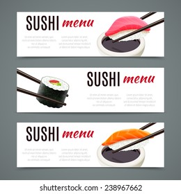 Sushi Menu Banners Horizontal With Salmon Roll And Chopsticks Isolated Vector Illustration