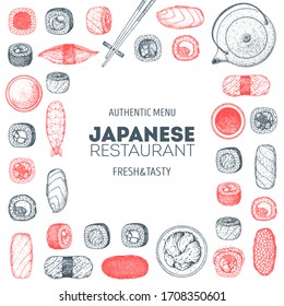 Sushi menu, sushi bar hand drawn design. Japanese food. Hand drawn doodle set with sushi. Vintage template with traditional asian food sketch.
