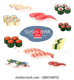 Sushi menu, sushi bar. Japanese cuisine or Asian restaurant. Restaurant cafe menu, template design. Vector illustration of soy sauce, salmon fish sushi roll or tuna