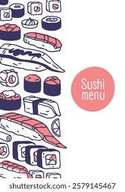 Sushi menu card design for Japanese bar, Asian restaurant. Japan sea food cafe cover background. Traditional oriental cuisine, rolls, maki with fish and rice. Vertical flat vector illustration