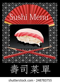 Sushi menu. Card Design template. Translation: Sushi menu.