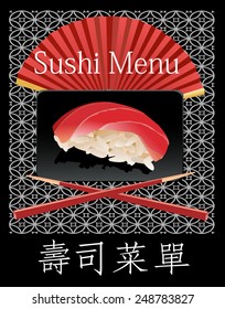 Sushi menu. Card Design template. Translation: Sushi menu.