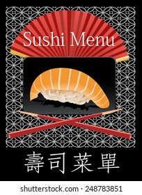 Sushi menu. Card Design template. Translation: Sushi menu.