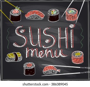 Sushi menu card hand drawn illustration on a chalkboard