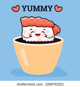 Sushi menu card or Japanese restaurant poster with cute kawaii sushi roll cartoon character sitting in bowl with soy sauce, cartoon vector illustration.