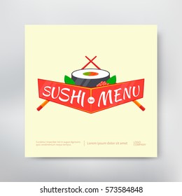 Sushi menu cover template with roll and chopsticks. Vector illustration