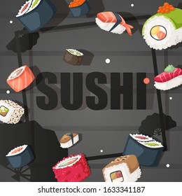 Sushi menu cover template, vector illustration. Japanese seafood restaurant, selection of traditional Asian sushi and rolls. Healthy food dish of rice and raw fish, Japanese restaurant menu decoration