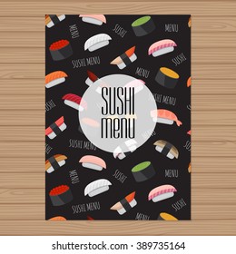 Sushi menu design. A4 size layout template. Cover restaurant brochure with modern  graphic. Japanese cuisine. Vector illustration.