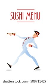  Sushi menu design. Japanese chef carries a tray of sushi. Bright cheerful character in a flat style.Menu design for sushi restaurant