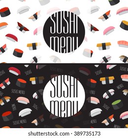 Sushi menu design. Japanese cuisine. Black and white background. Vector illustration.