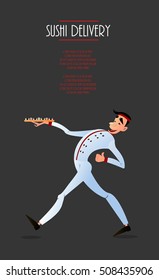 Sushi menu design. Japanese sushi delivery. Bright cheerful character in a flat style