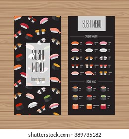 Sushi menu design. Leaflet and flyer layout template. Japanese food restaurant brochure with modern graphic. Vector illustration. 
