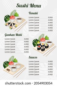 Sushi menu design with temaki, gunkan maki, sauses and tropical plants. Vector illustration.