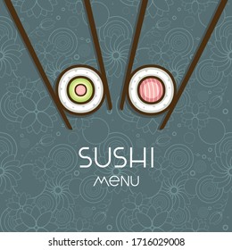 Sushi menu design.Vector illustration for sushi bar logo. Rolls with salmon and avocado on floral texture.