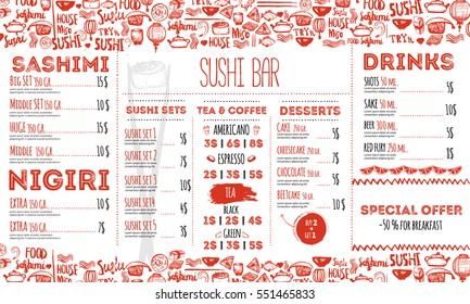 Sushi menu flyer layout template. Japanese food brochure with hand drawn doodle and lettering.