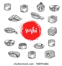Sushi menu. Hand drawn black and white illustration.