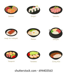 Sushi menu icons set. Cartoon set of 9 sushi menu vector icons for web isolated on white background
