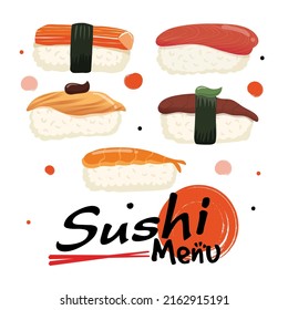 Sushi menu isolated on white background, japanese food, Vector illustration.